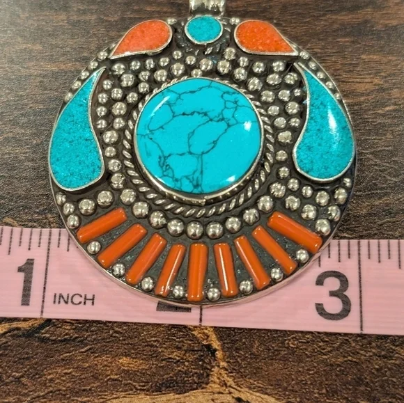 Turquoise and Coral Tibetan Silver Pendant - Picture 2 of 5